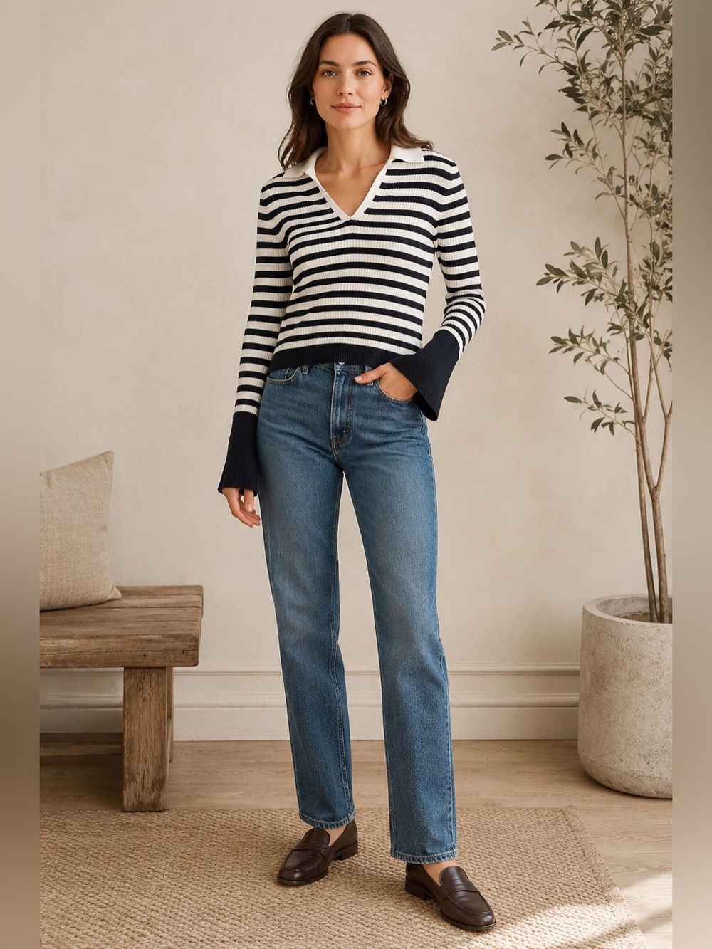 Maeve Anthropologie Striped Ribbed Bell Sleeve Polo Sweater Size M